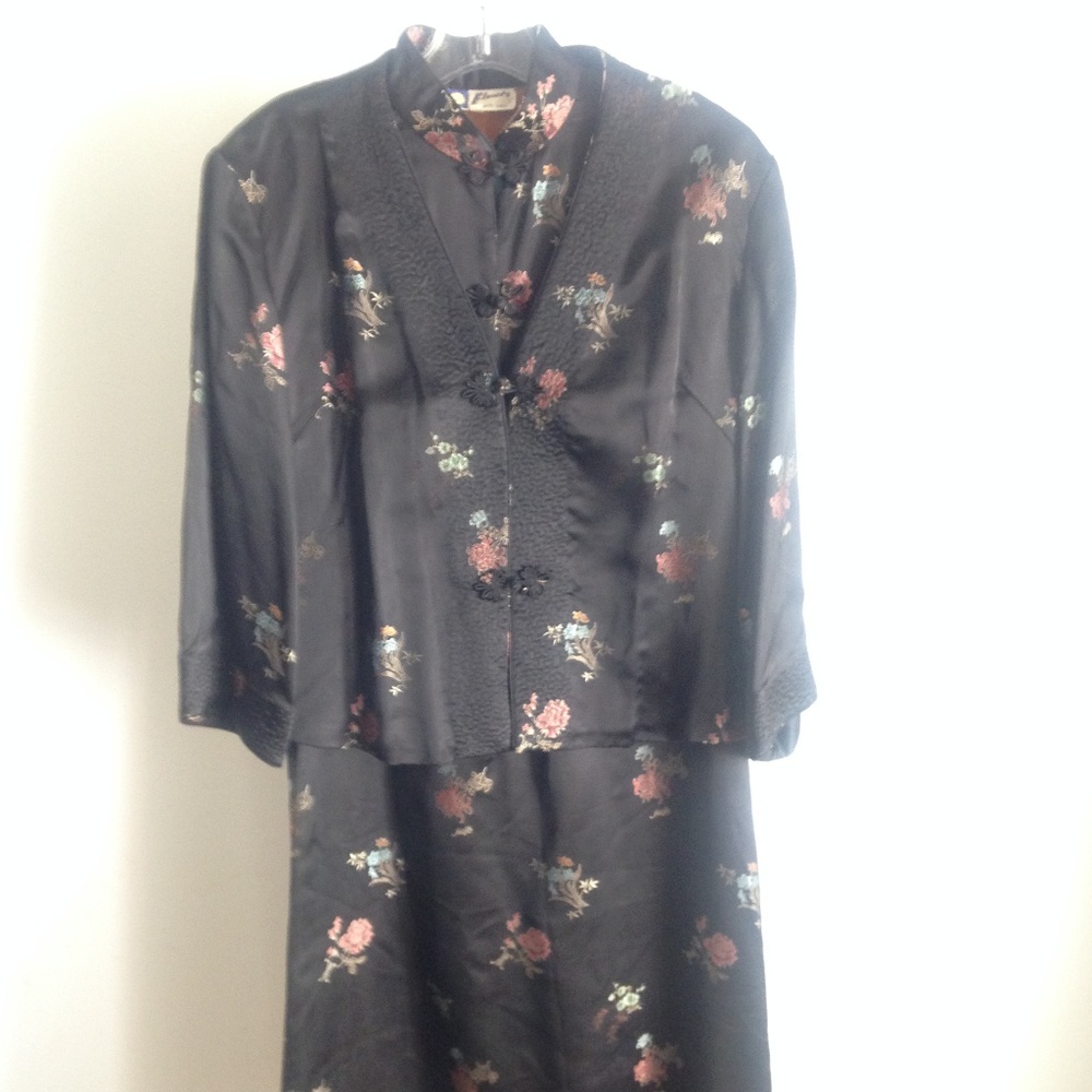 Vintage Black Silk Asian Brocade Suit Dress
